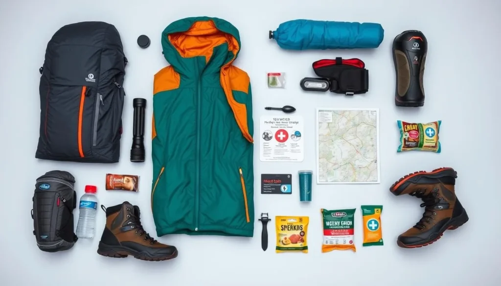 Backpacker's essential gear laid out including warm clothing, sleeping bag, and trekking equipment