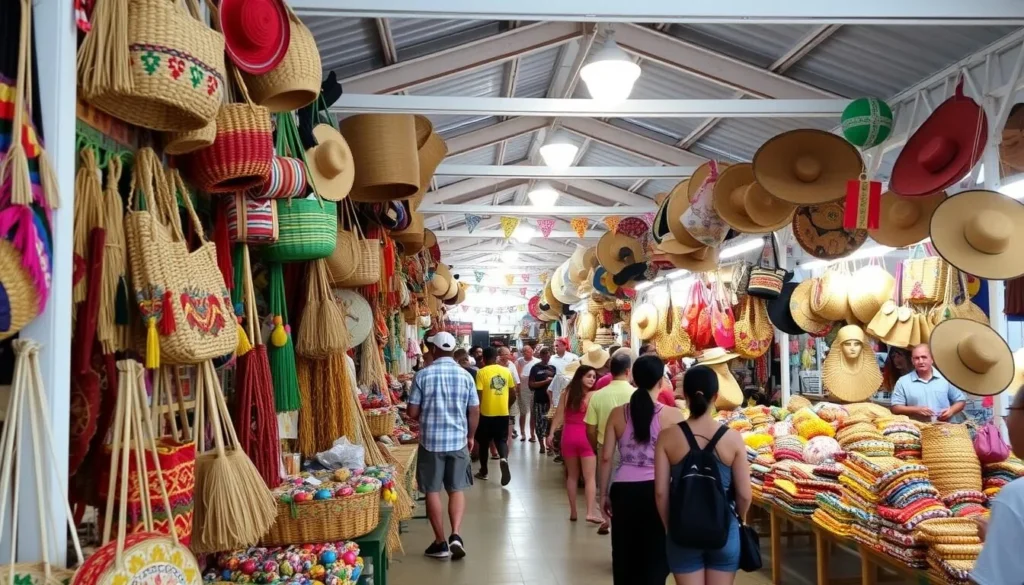 Bahamian straw market with colorful handcrafted souvenirs and local vendors