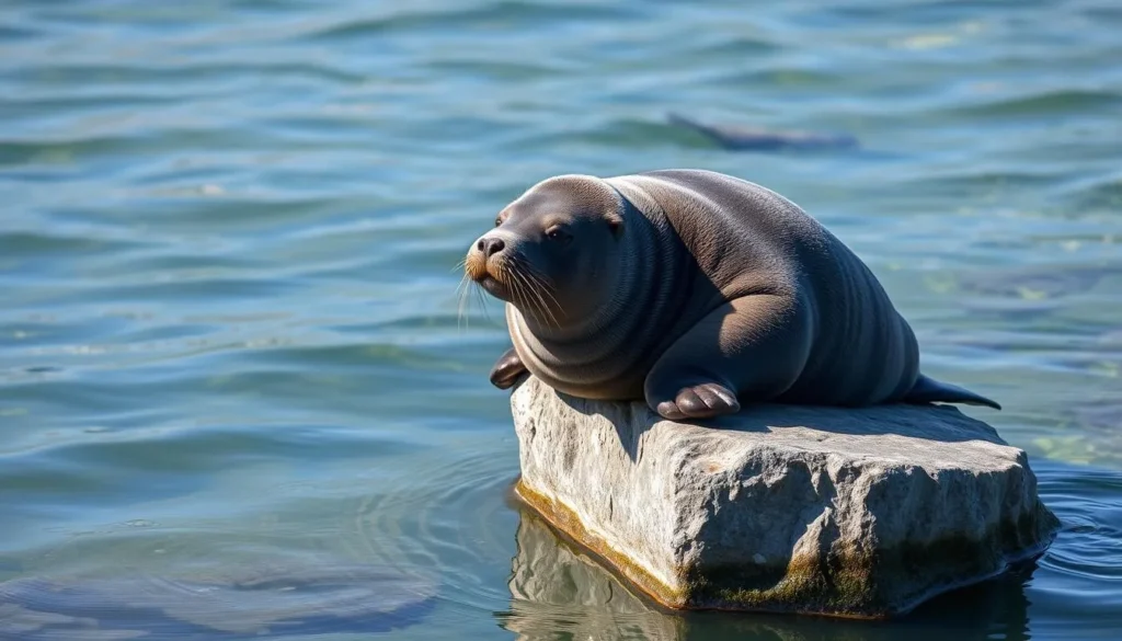 Baikal seal (nerpa) resting on a rock in Lake Baikal Baikal seal (nerpa) resting on a rock in Lake Baikal