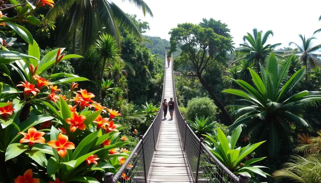 Balata Gardens in Martinique with tropical flowers and suspended bridges - botanical highlight among Martinique things to do
