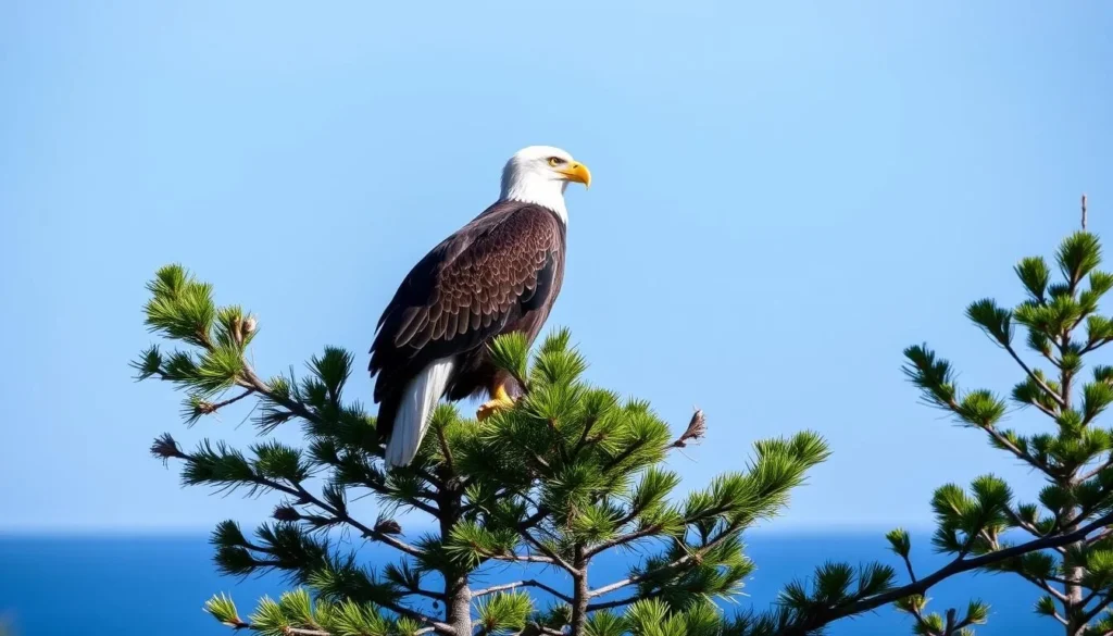 Bald eagle perched on tree near Lubec coastline