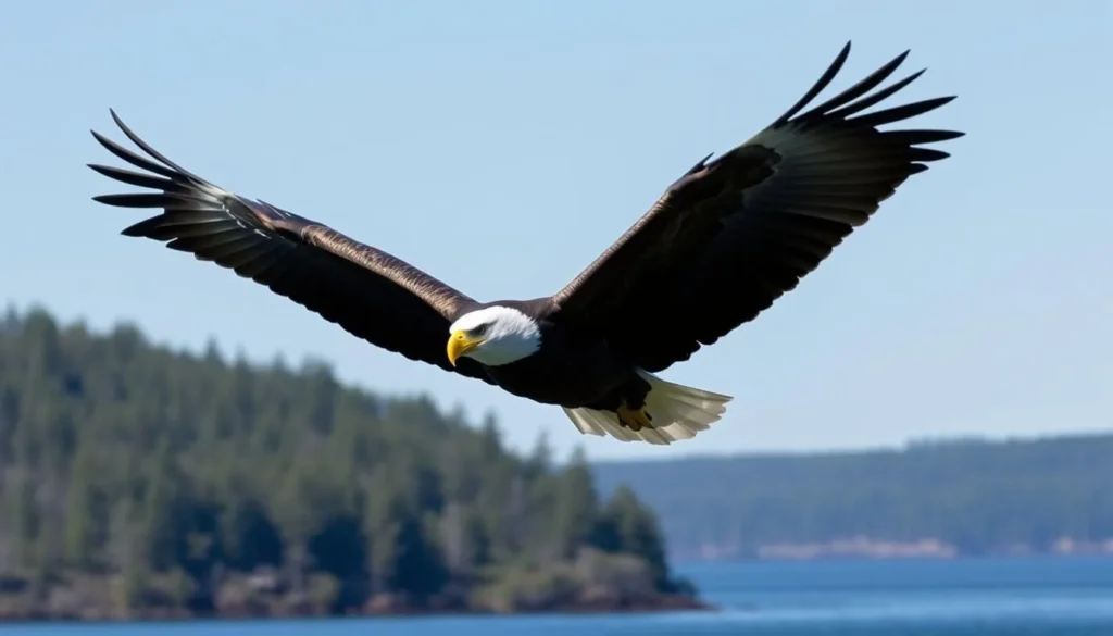 Bald eagle soaring over Dale Hollow Lake with forested shoreline below Bald eagle soaring over Dale Hollow Lake with forested shoreline below