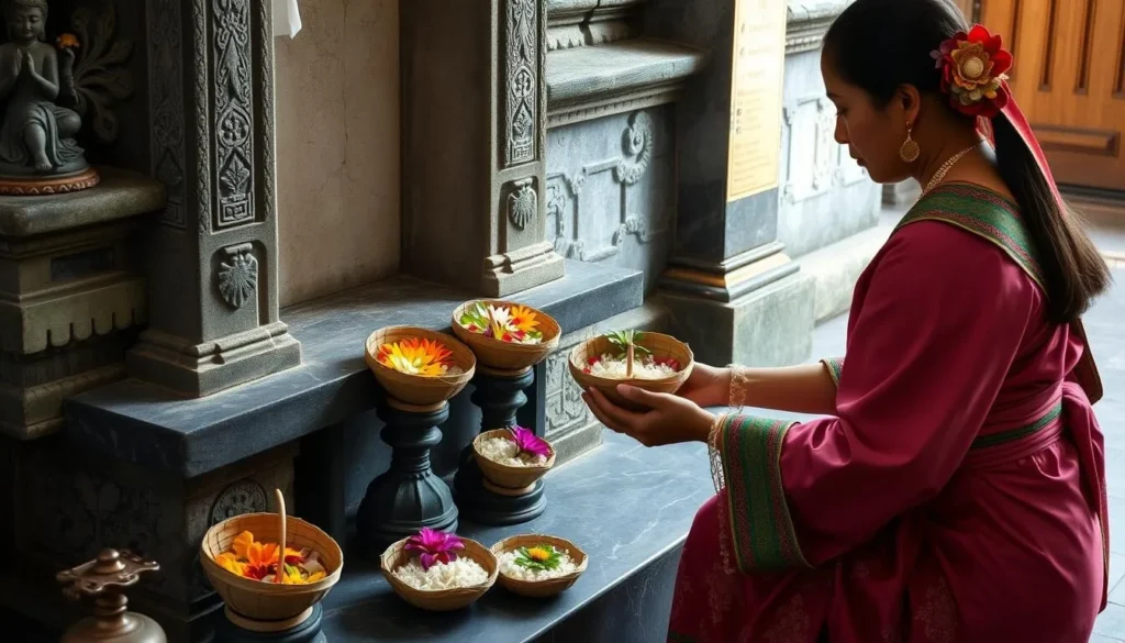Balinese woman placing daily offerings (canang sari) with flowers and incense at a small temple shrine Balinese woman placing daily offerings (canang sari) with flowers and incense at a small temple shrine