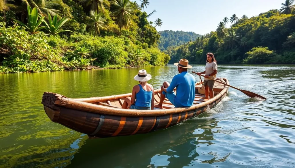 Bamboo rafting on the Rio Grande in Jamaica with guide and tourists