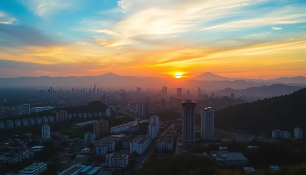 Bandung city skyline at sunset with mountains in background, setting the scene for Bandung Indonesia things to do