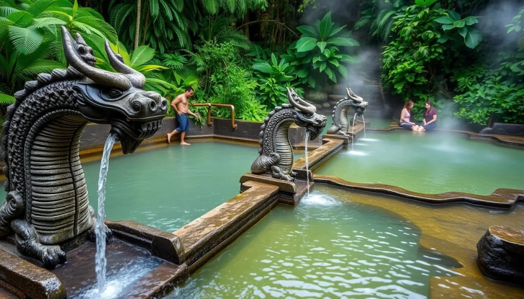 Banjar Hot Springs with stone-carved water spouts in a jungle setting