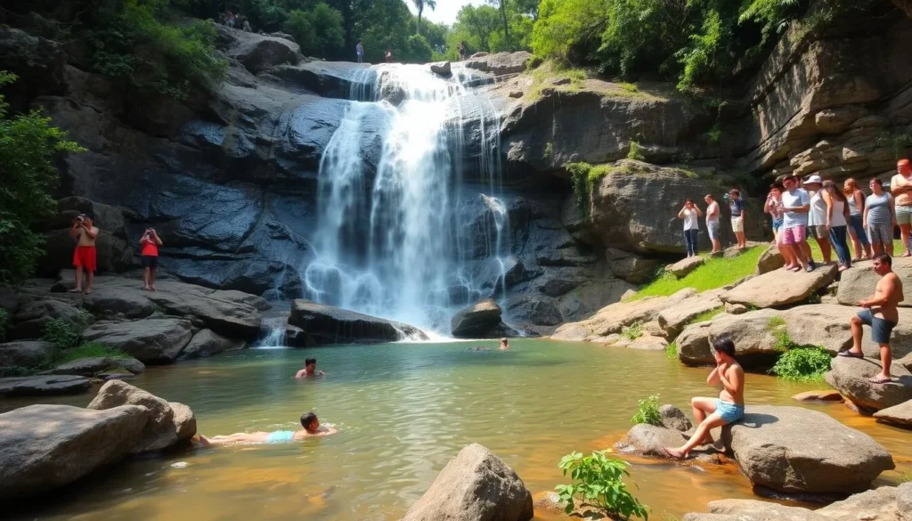 Bantimurung Waterfall during dry season with visitors enjoying the area