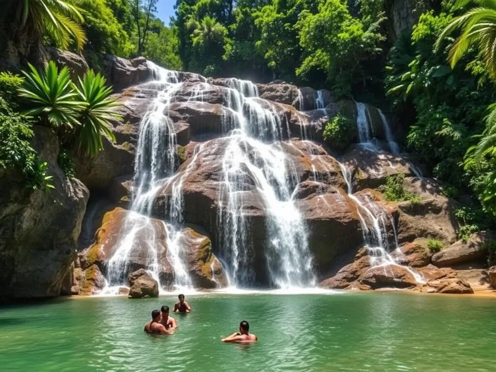 Bantimurung Waterfall with cascading water surrounded by lush tropical vegetation