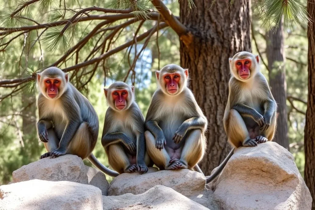 Barbary macaque monkeys in cedar forest of Toubkal National Park