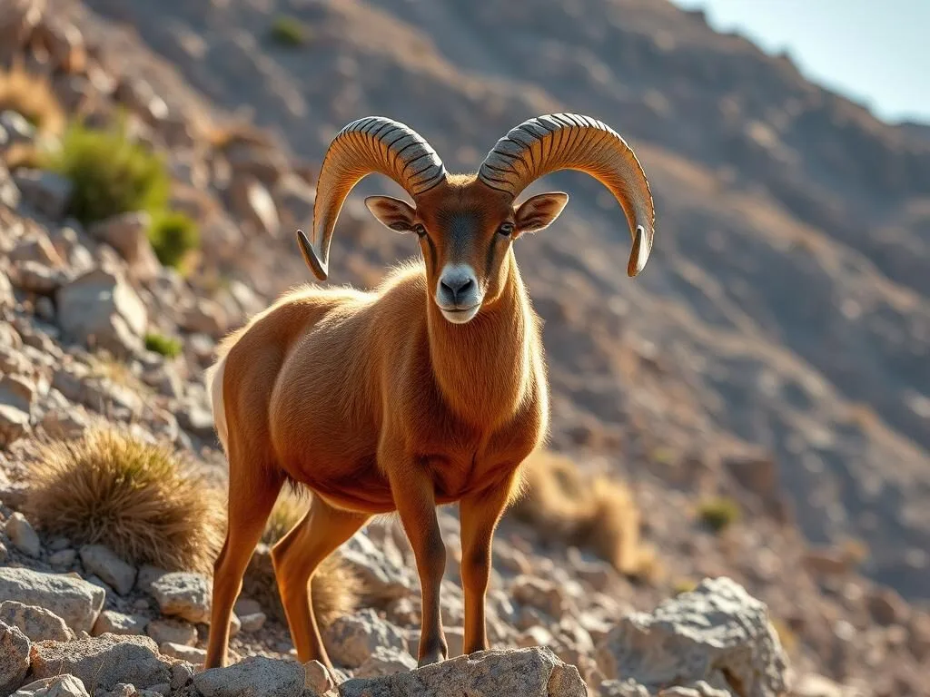 Barbary sheep with curved horns on rocky slopes of Chambi National Park