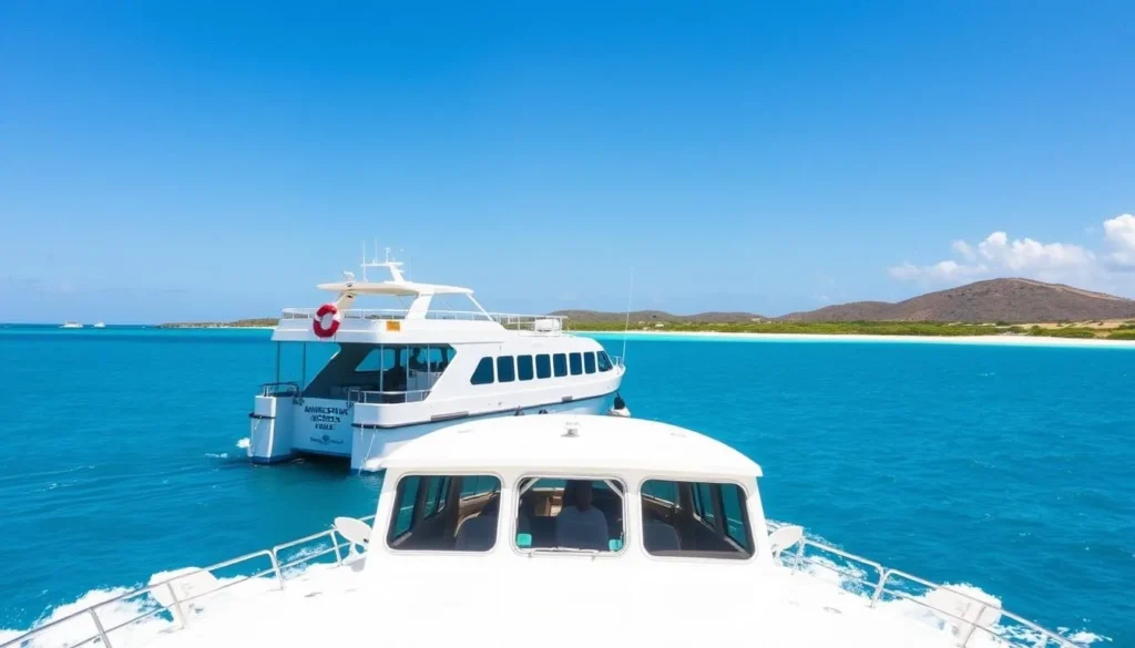 Barbuda Express ferry approaching Codrington Lagoon with Palmetto Point Antigua and Barbuda in the background