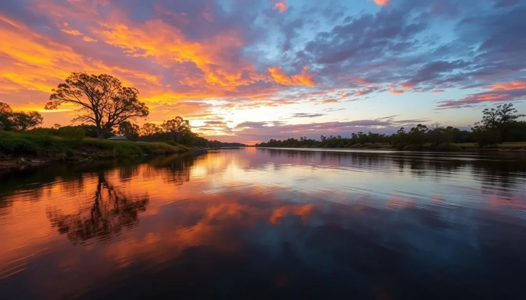 Barcoo River at sunset near Blackall Town, Queensland showing beautiful outback landscape Barcoo River at sunset near Blackall Town, Queensland showing beautiful outback landscape