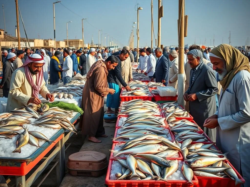 Barka Fish Market with fishermen selling fresh catch and busy shoppers