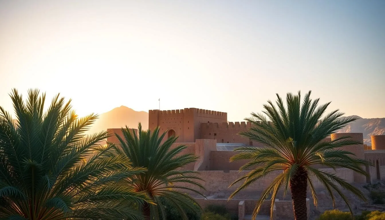 Barka Fort at golden hour with palm trees and mountains in the background