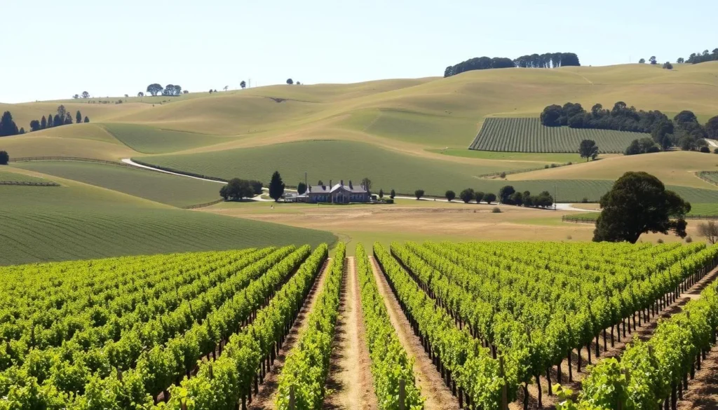 Barossa Valley vineyards near Mount Crawford Forest with rolling hills and winery buildings in South Australia