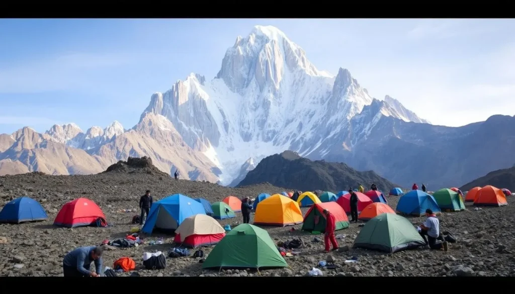 Base camp tents set up below Puncak Jaya Mountain with climbers preparing equipment Base camp tents set up below Puncak Jaya Mountain with climbers preparing equipment