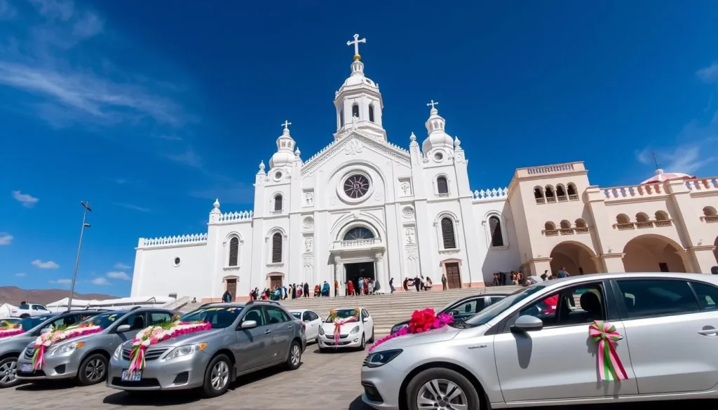 Basilica of Our Lady of Copacabana with decorated cars waiting for blessing