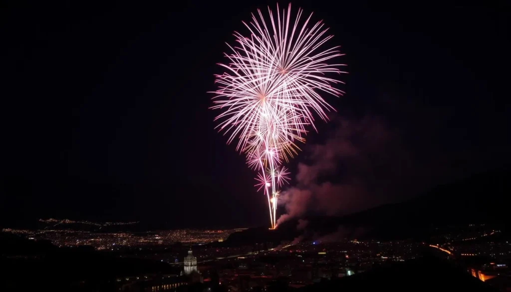 Bastille Day fireworks over Grenoble with the mountains in the background Bastille Day fireworks over Grenoble with the mountains in the background