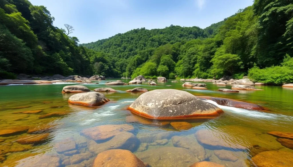 Batang Gadis River with crystal clear water flowing through the national park