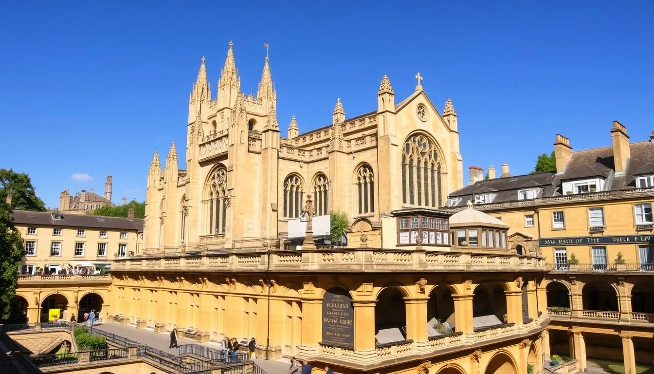 Bath Abbey and Roman Baths complex viewed from a distance showing the honey-colored stone architecture of Bath, England