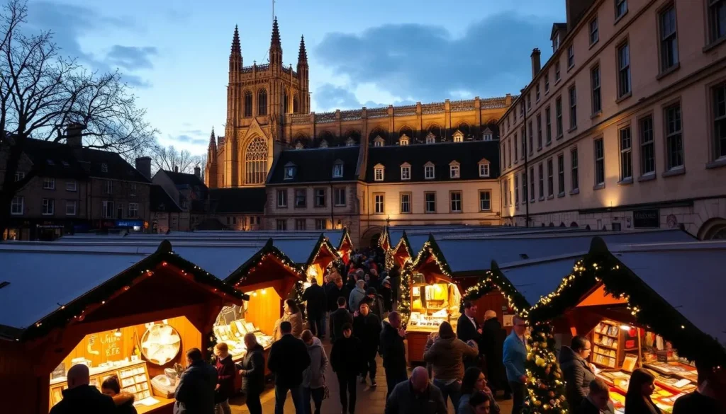 Bath Christmas Market with festive stalls and lights around Bath Abbey