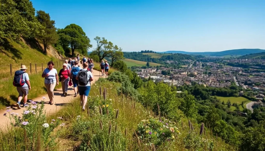 Bath Skyline Walk with people hiking along the trail overlooking the city of Bath