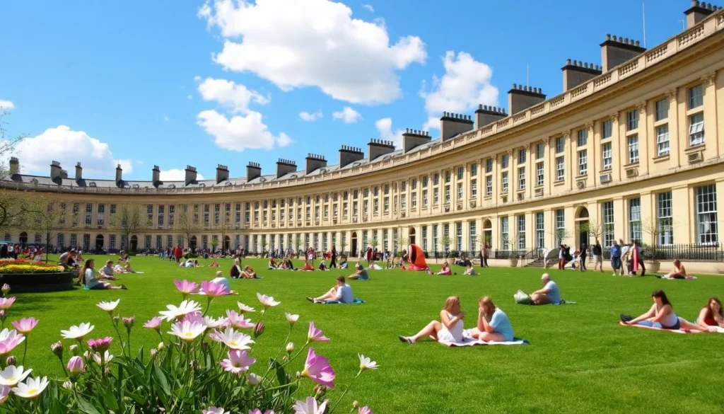 Bath's Royal Crescent in spring with blooming flowers and people enjoying the sunshine