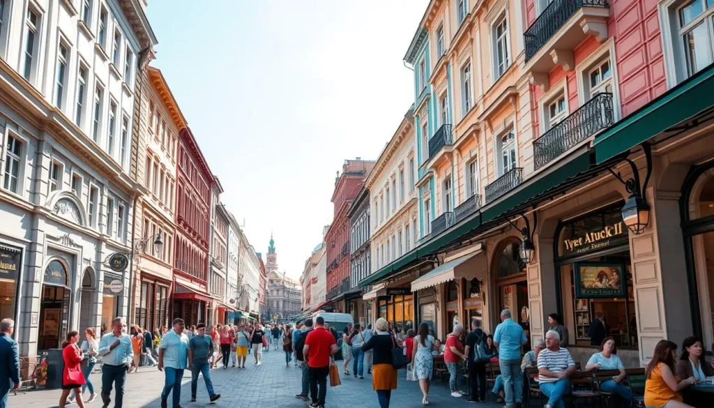 Bauman Street pedestrian zone with historic buildings, shops, and street performers
