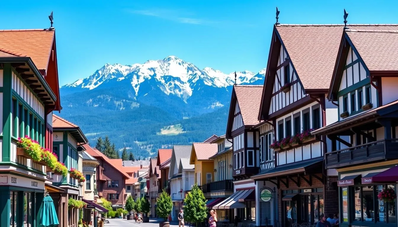Bavarian-style buildings in downtown Leavenworth, Washington with the Cascade Mountains in the background