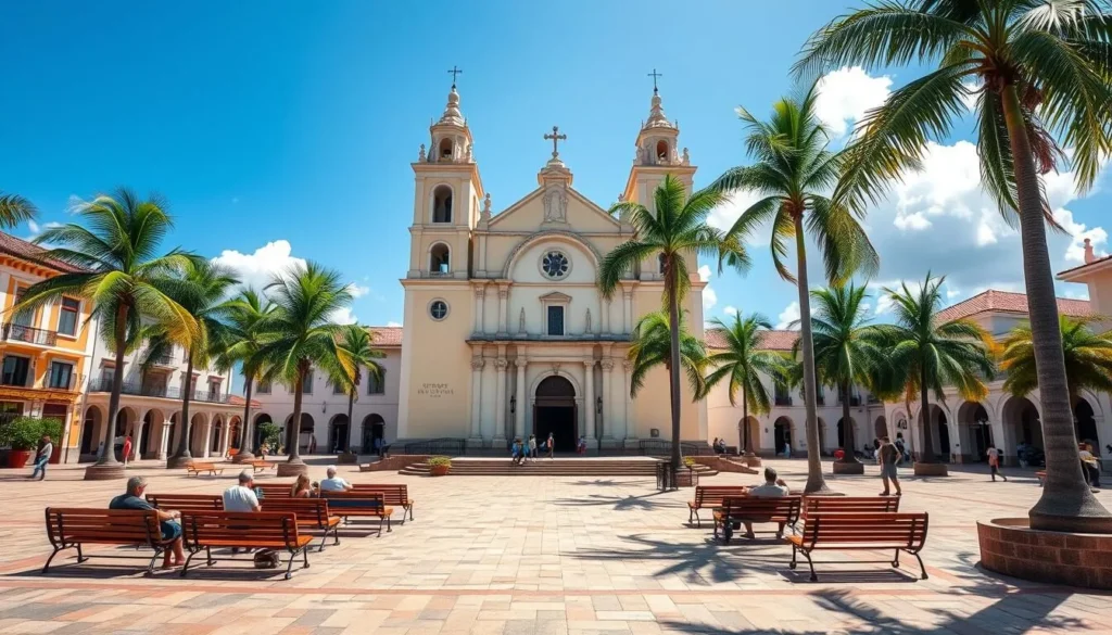 Bayamon Central Plaza with historic church and benches