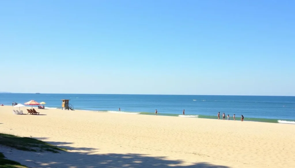 Beach 11 at Presque Isle State Park with families enjoying the sandy shore and calm waters