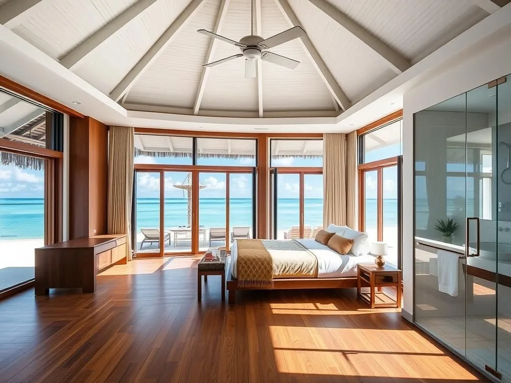 Beach Villa at Blackbird Caye Resort with modern interior and ocean views Beach Villa at Blackbird Caye Resort with modern interior and ocean views