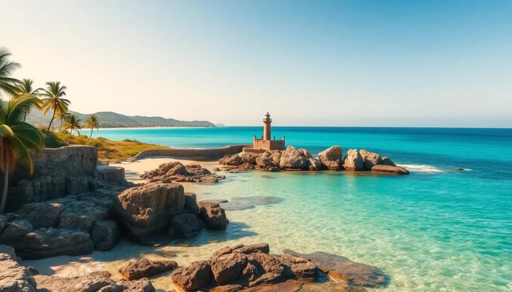 Beach at Cabo Cruz near Manzanillo with lighthouse visible