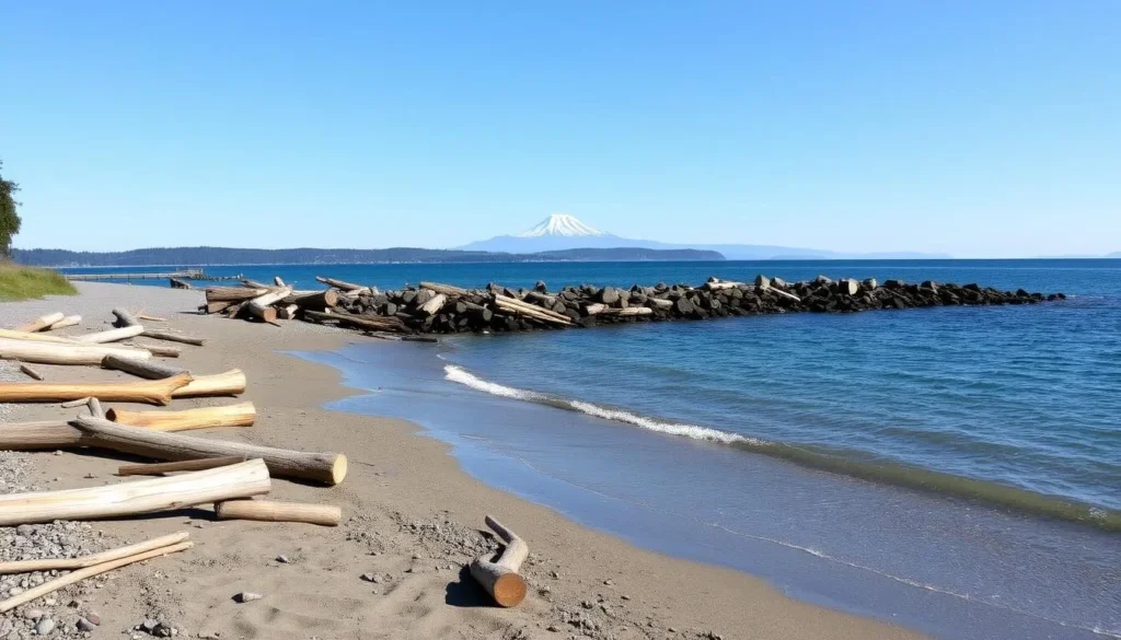 Beach at Maury Island Marine Park on Vashon Island with driftwood and Mount Rainier visible in the distance Beach at Maury Island Marine Park on Vashon Island with driftwood and Mount Rainier visible in the distance