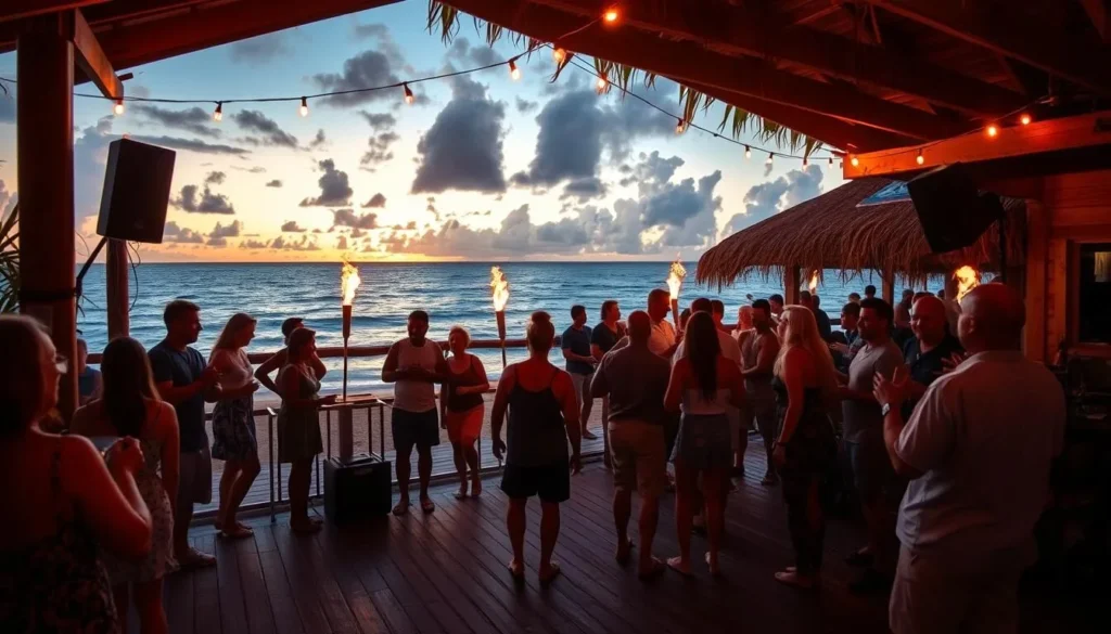 Beach bar at Sandy Ground, Anguilla at sunset with live music and people enjoying drinks