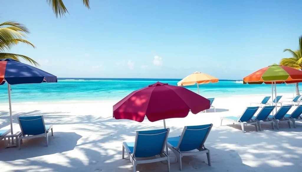 Beach chairs and umbrellas on the white sand of Sandy Island, Anguilla