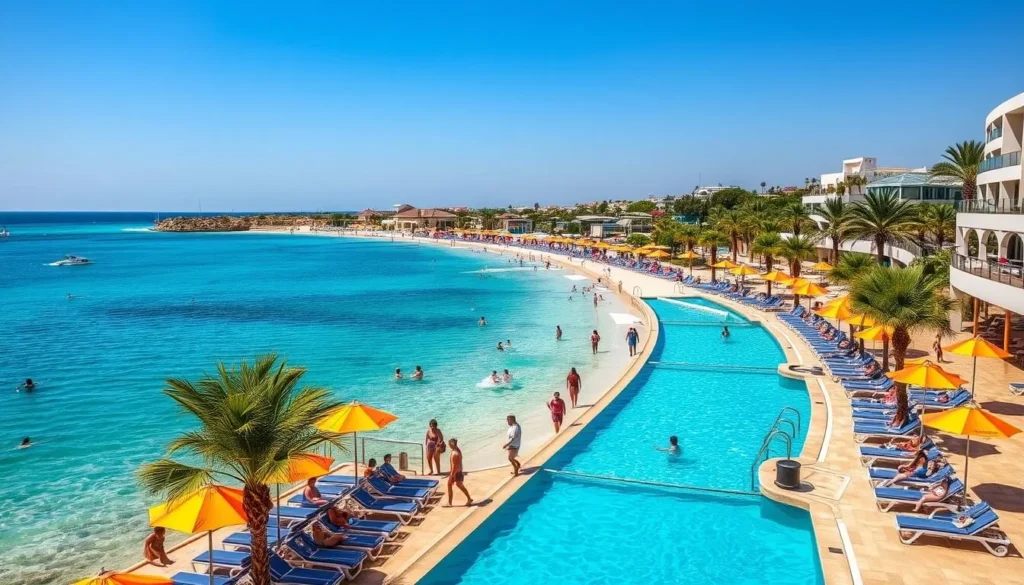 Beach club in Byblos with loungers, umbrellas and the blue Mediterranean Sea
