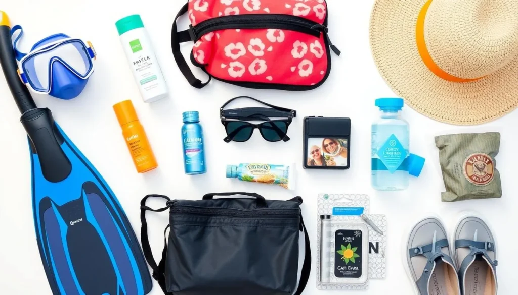 Beach essentials laid out for a day trip to Cayo Icacos including snorkeling gear, water, and sun protection Beach essentials laid out for a day trip to Cayo Icacos including snorkeling gear, water, and sun protection