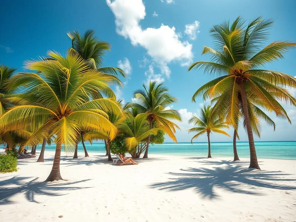 Beach near Big Coppitt Key, Florida with palm trees and clear water
