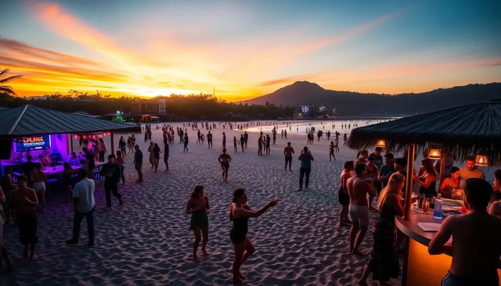 Beach party with live music at Segunda Praia at sunset