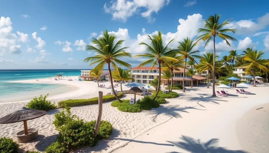 Beach resort at Playa Santa Lucia near Nuevitas with palm trees and beachfront accommodations