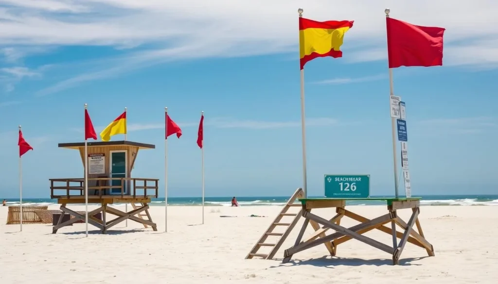 Beach safety flags and lifeguard station at Folly Beach