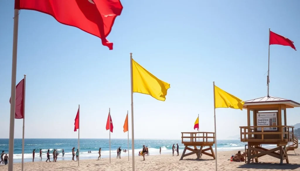 Beach safety flags and lifeguard station at Reñaca Beach, Chile