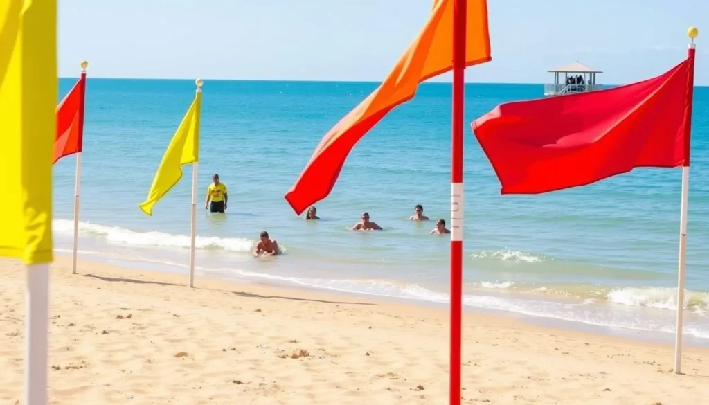 Beach safety flags with lifeguards on Hervey Bay beach Beach safety flags with lifeguards on Hervey Bay beach