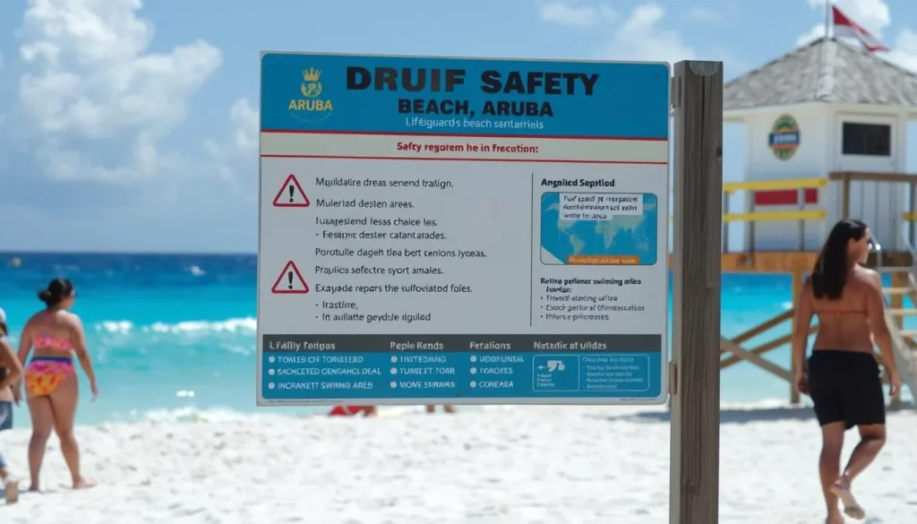 Beach safety sign at Druif Beach with lifeguard station