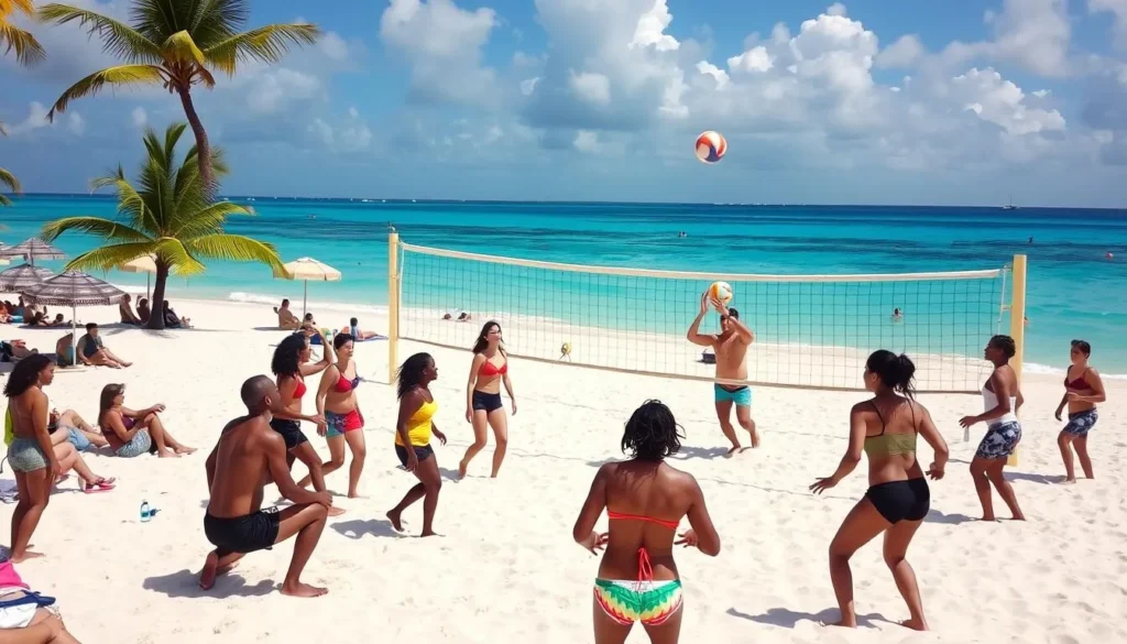 Beach volleyball game at Druif Beach with diverse group of players