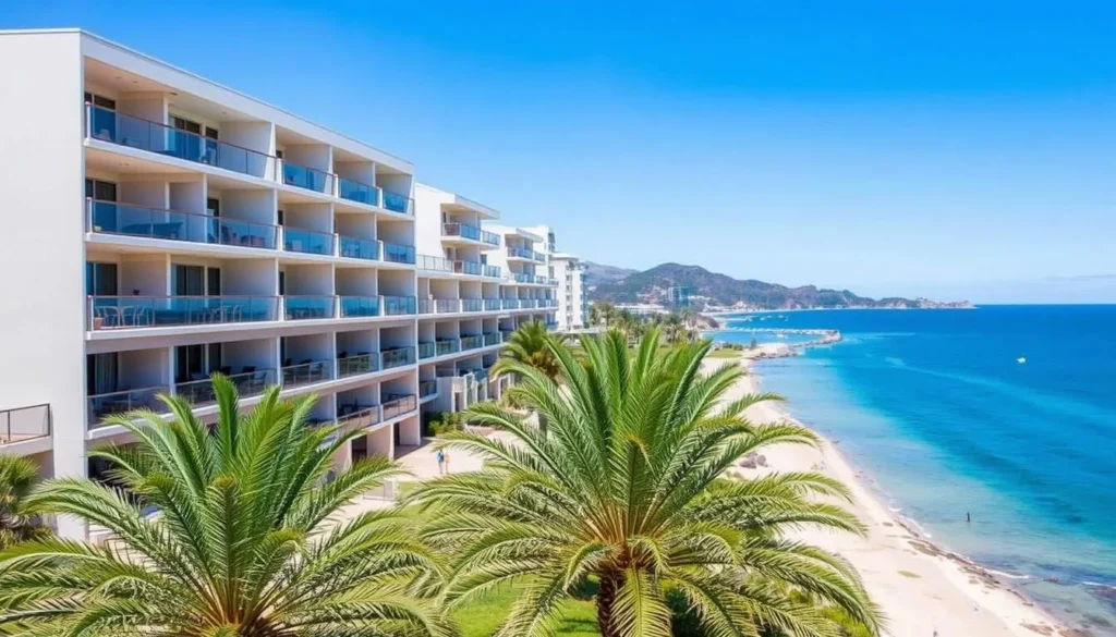 Beachfront accommodation at Horseshoe Bay, Magnetic Island with palm trees and ocean view
