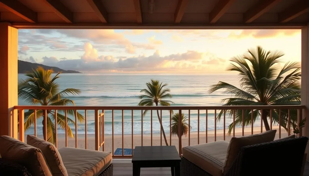Beachfront accommodation in Aguadilla with view of the ocean and palm trees