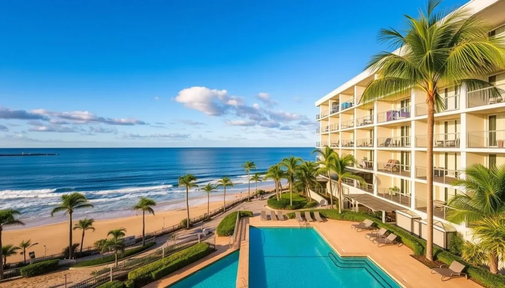 Beachfront accommodation in Mooloolaba with ocean views and palm trees