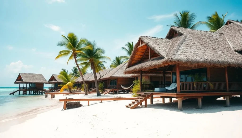 Beachfront bungalow resort in Hell-Ville (Nosy Be), Madagascar with palm trees and ocean view